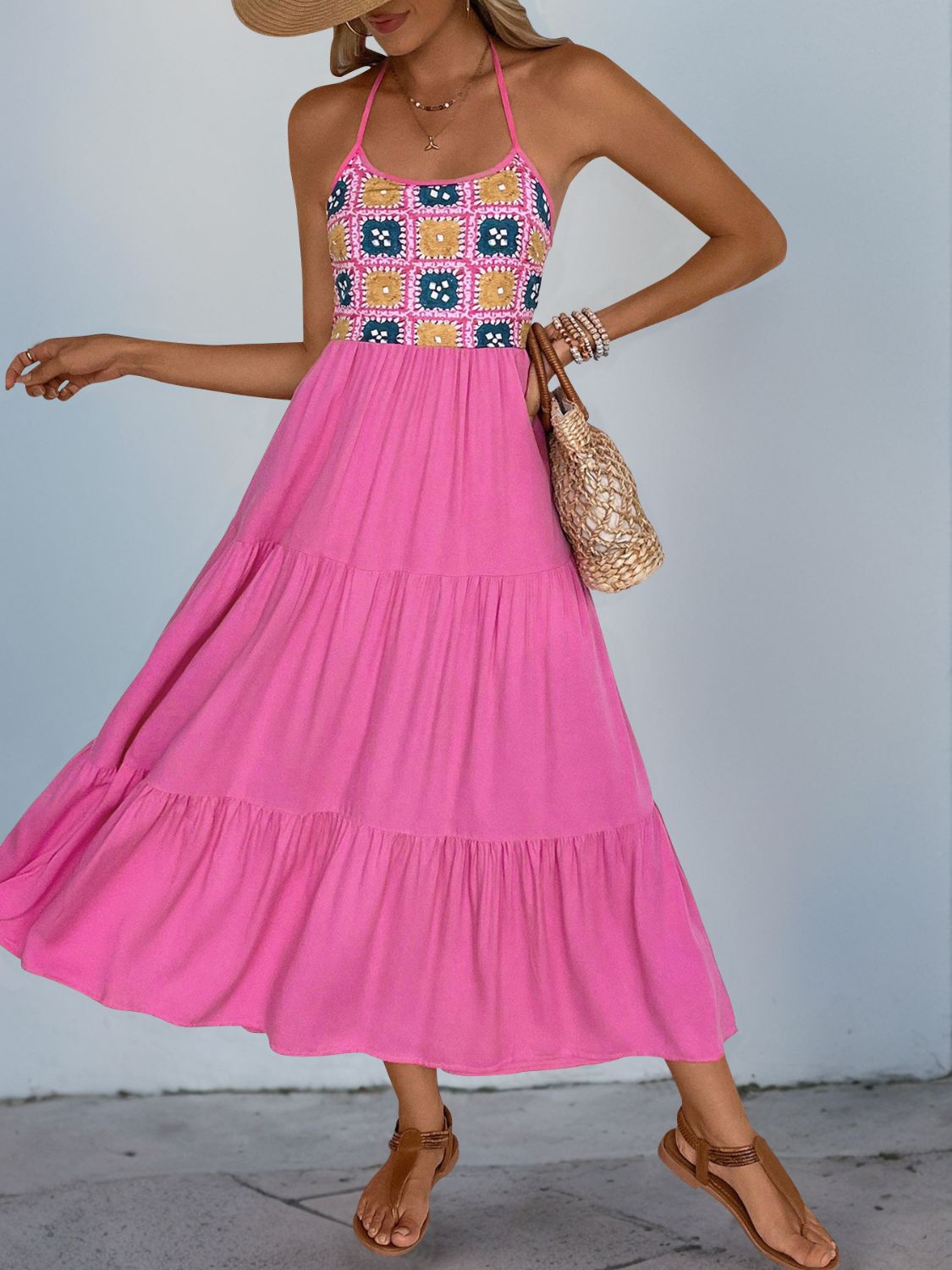 Perfee Printed Halter Neck Tiered Midi Dress.
