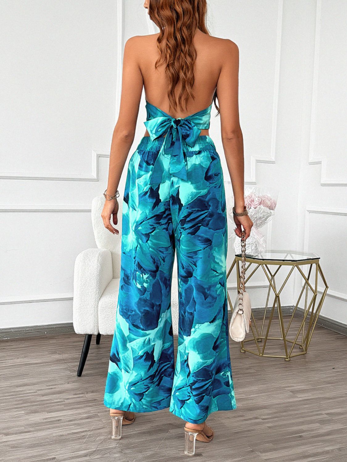 Devine Printed Halter Neck Top and Pants Set.