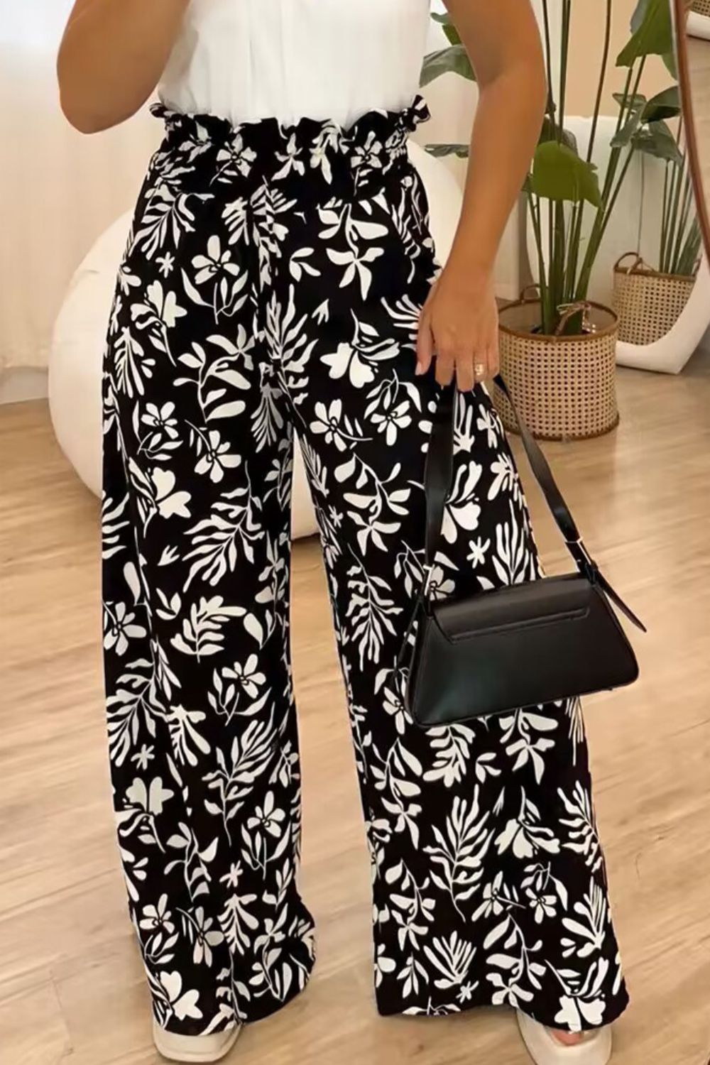 Full size printed high waist wide leg pants, opaque.