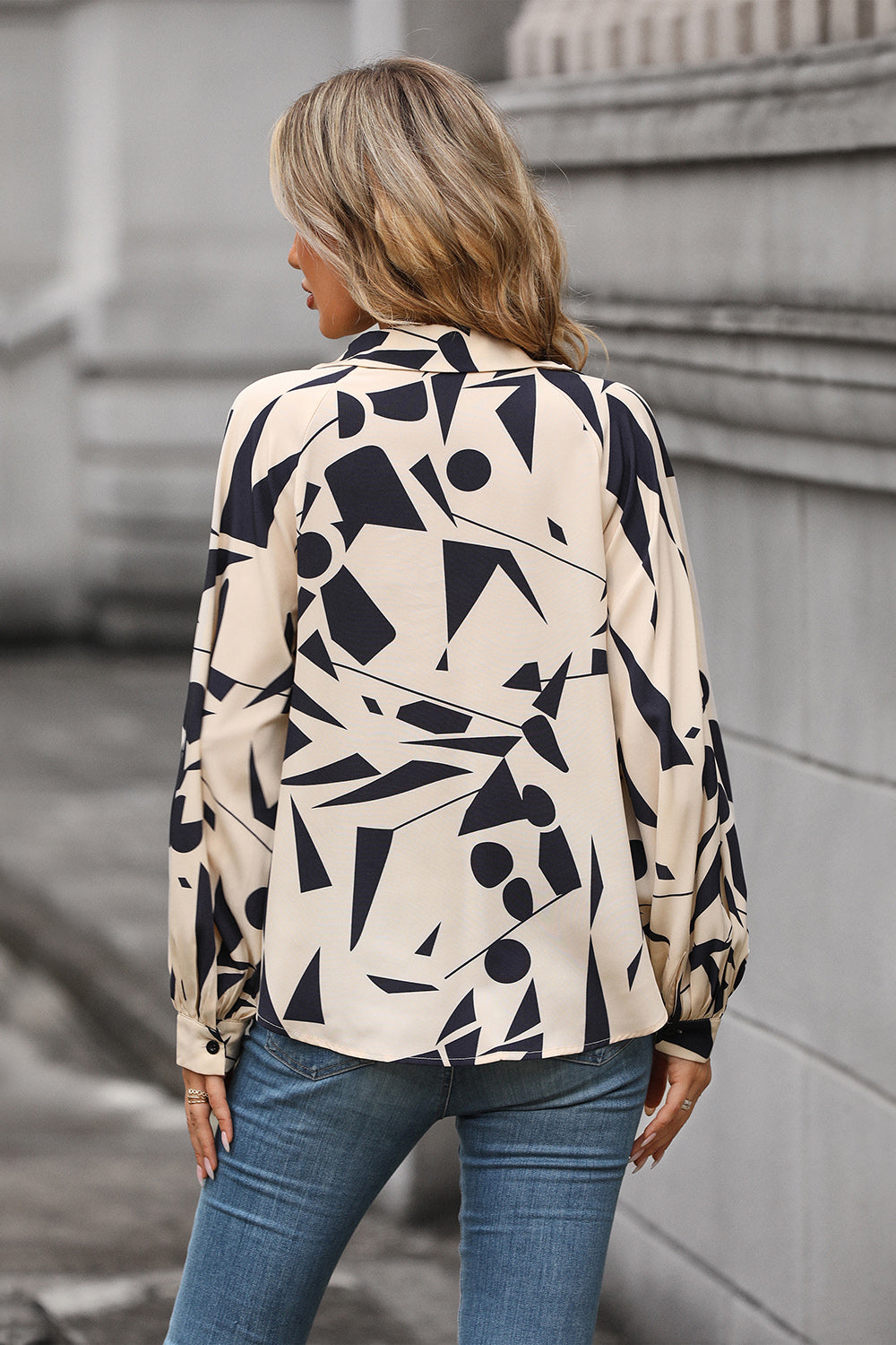 Perfee Printed Johnny Collar Blouse.