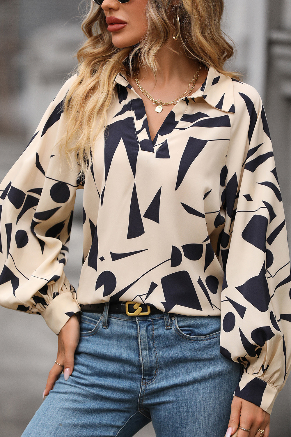 Perfee Printed Johnny Collar Blouse.
