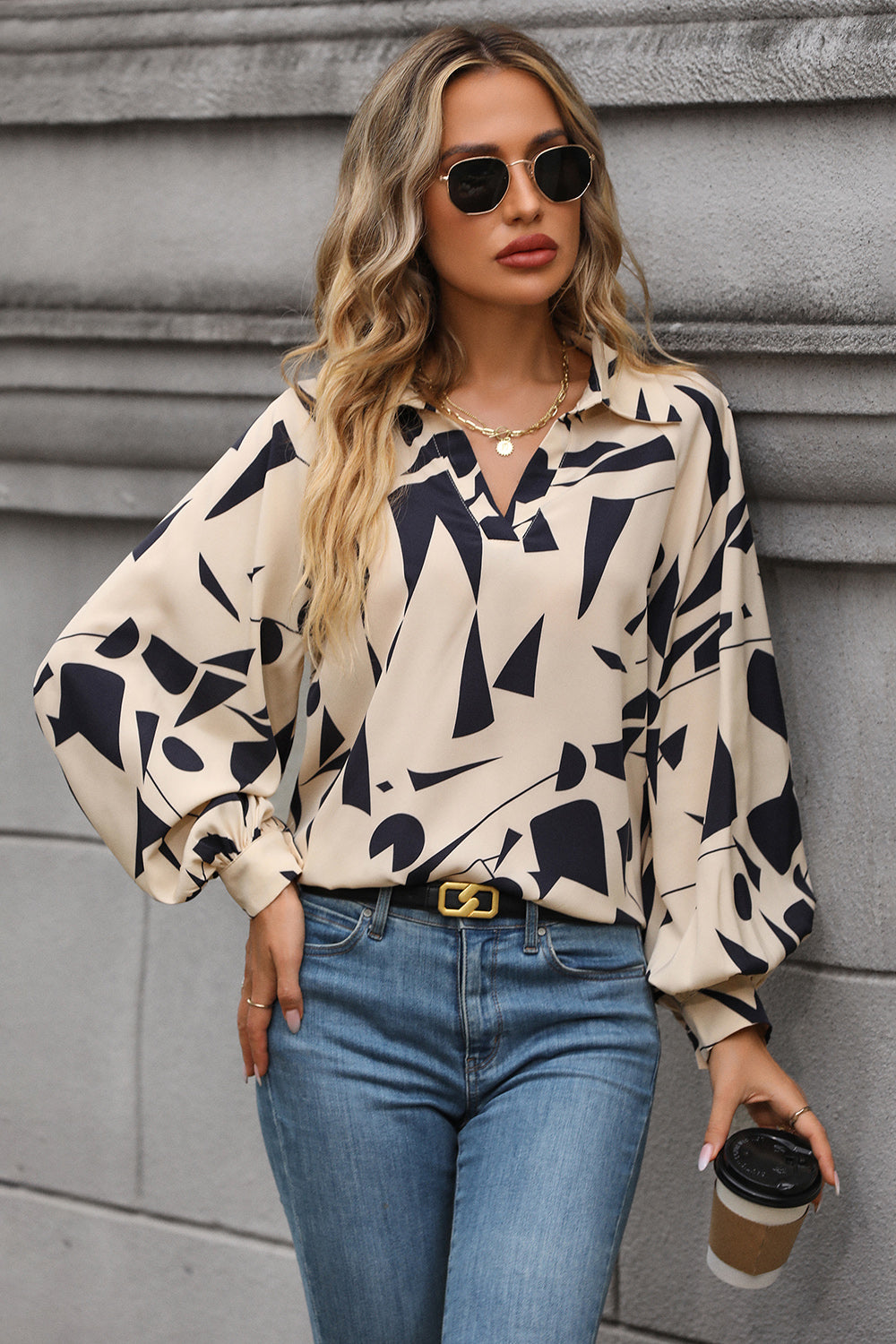 Perfee Printed Johnny Collar Blouse.