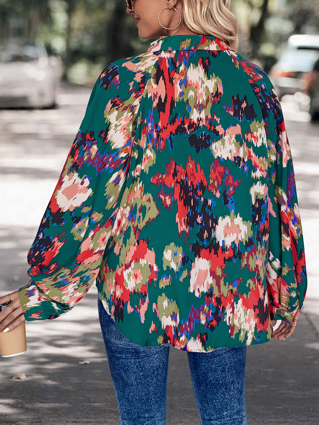 Perfee Printed Johnny Collar Long Sleeve Blouse.