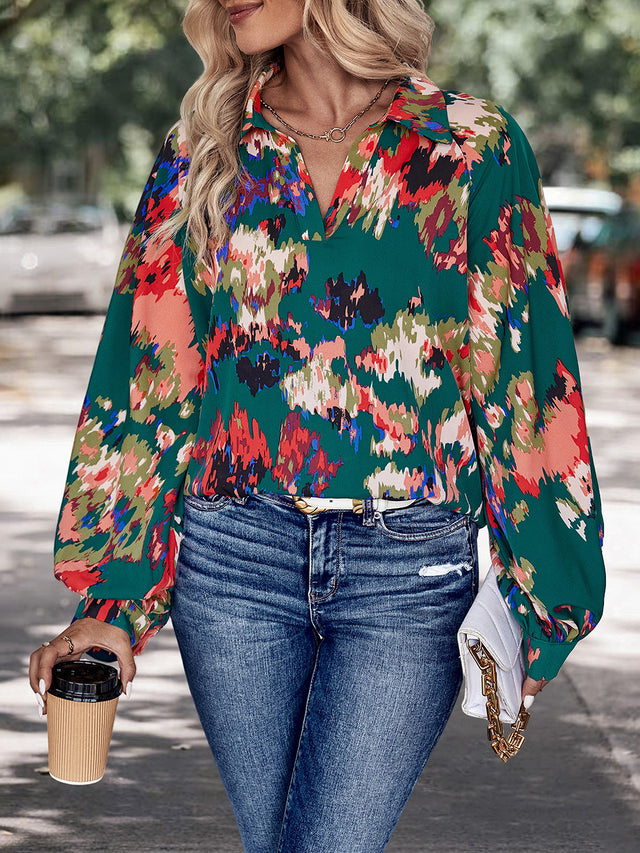 Perfee Printed Johnny Collar Long Sleeve Blouse.