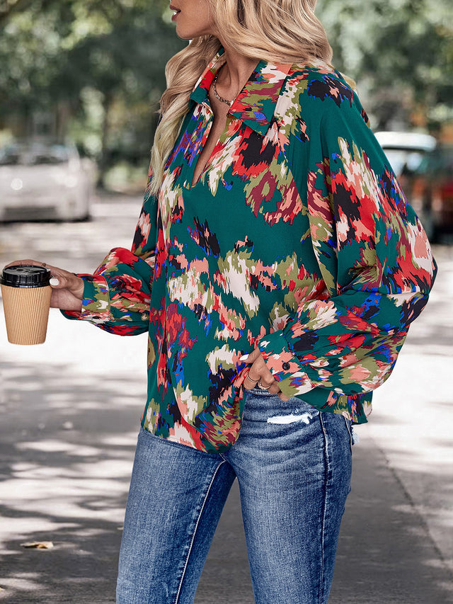 Perfee Printed Johnny Collar Long Sleeve Blouse.