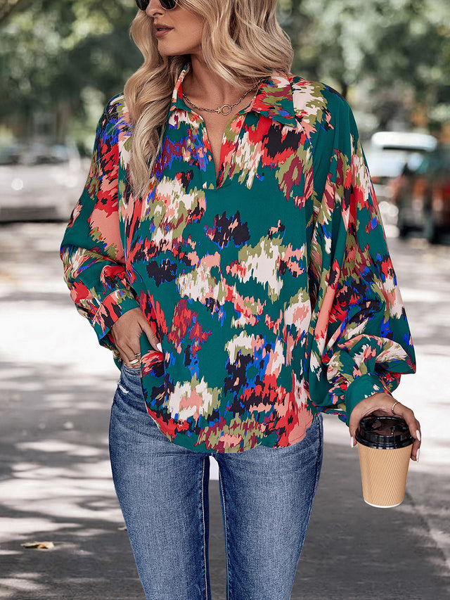 Perfee Printed Johnny Collar Long Sleeve Blouse.