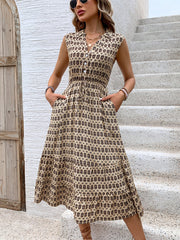 Perfee Printed Johnny Collar Midi Dress.