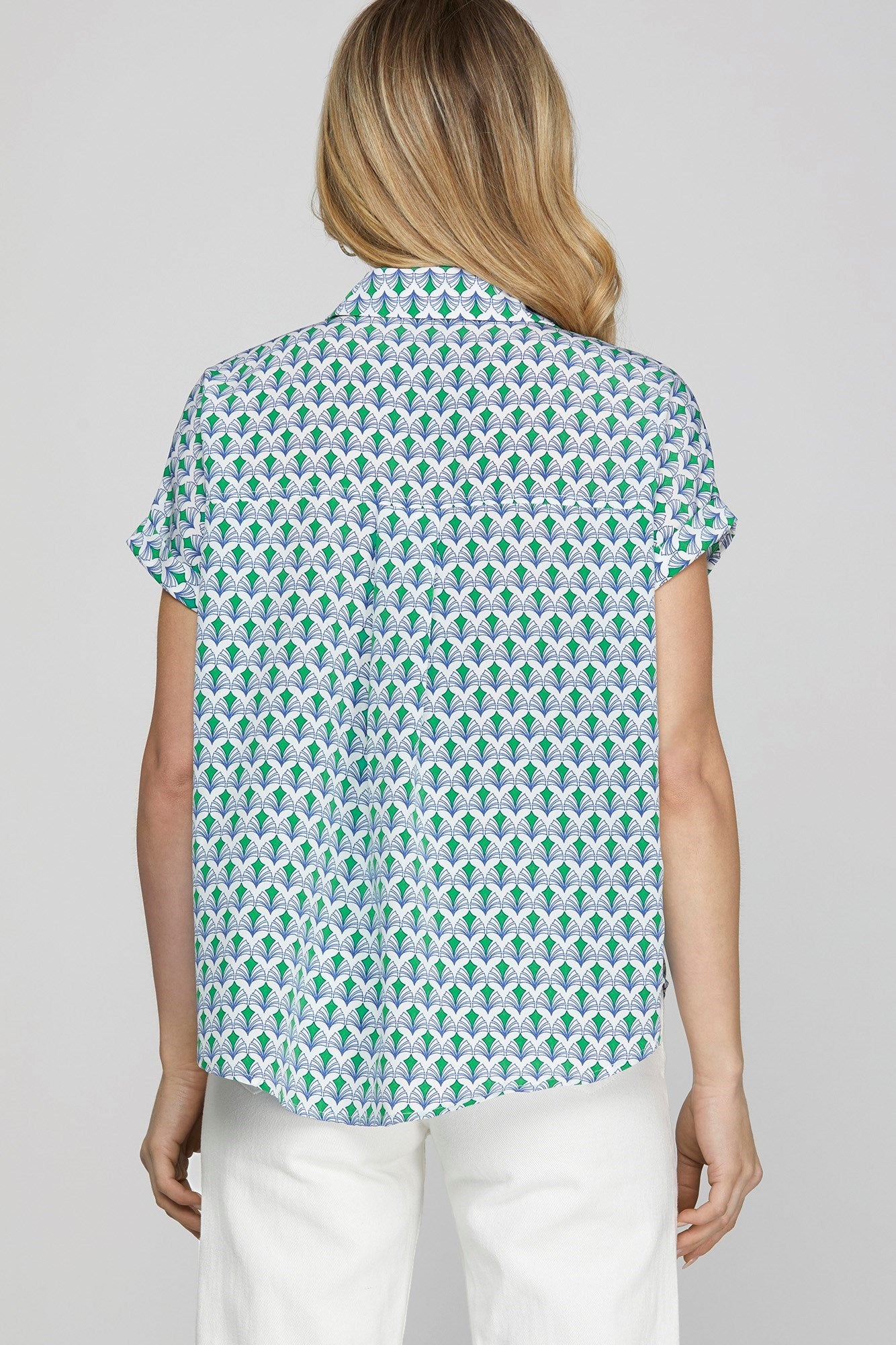 She Sky full size Printed Johnny Collar Short Sleeve Blouse, plus size.
