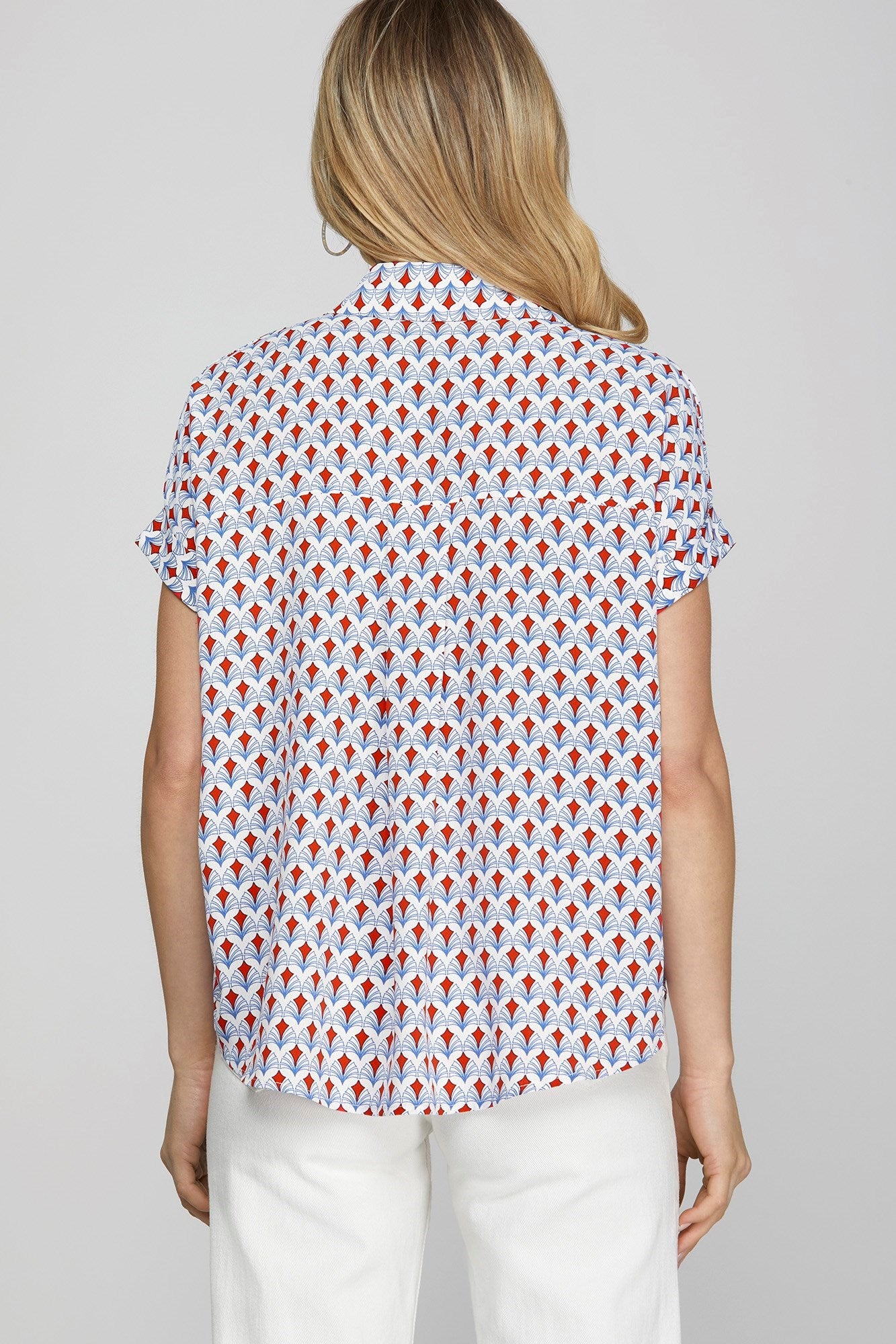 She Sky full size Printed Johnny Collar Short Sleeve Blouse, plus size.
