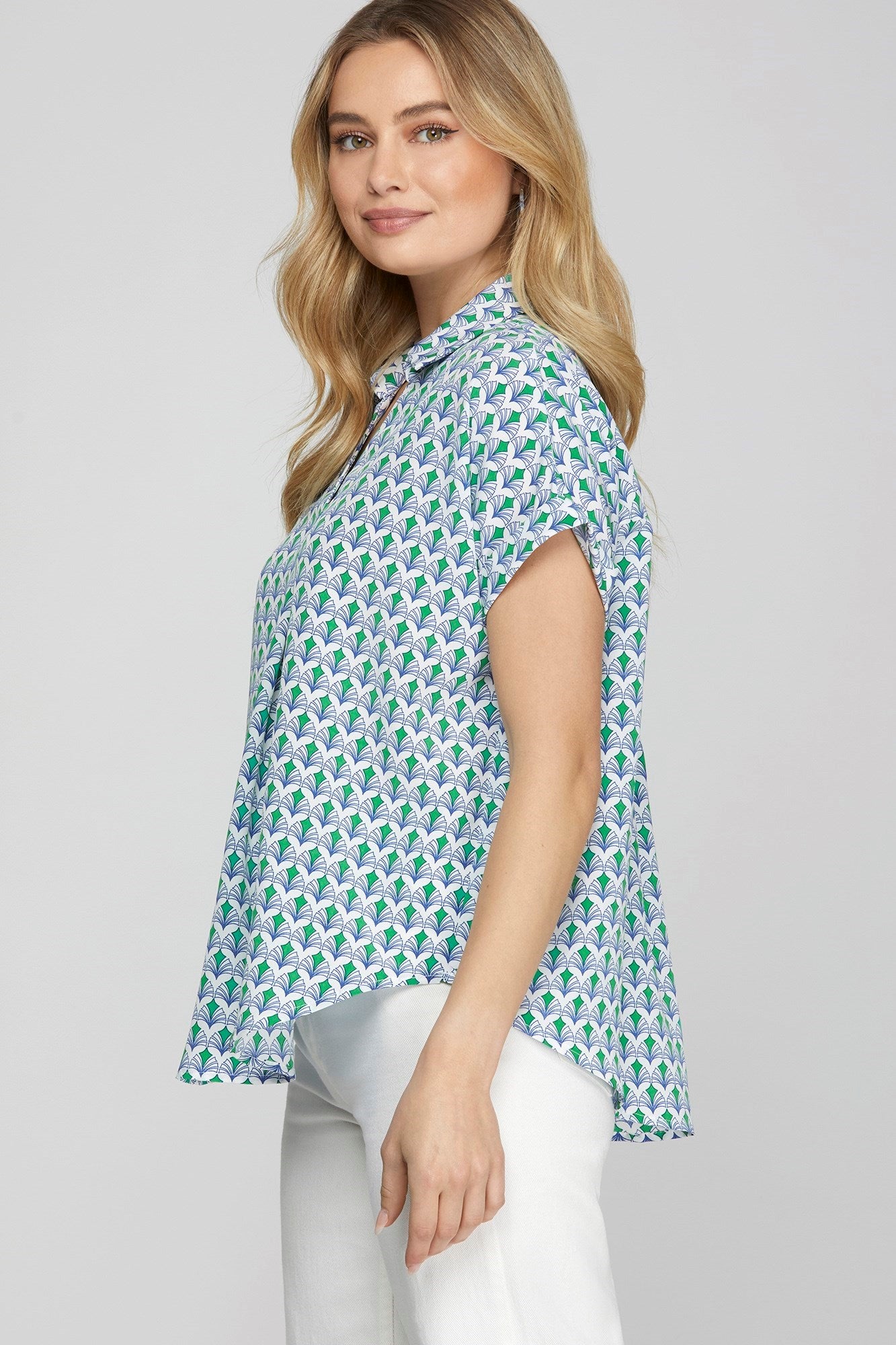 She Sky full size Printed Johnny Collar Short Sleeve Blouse, plus size.