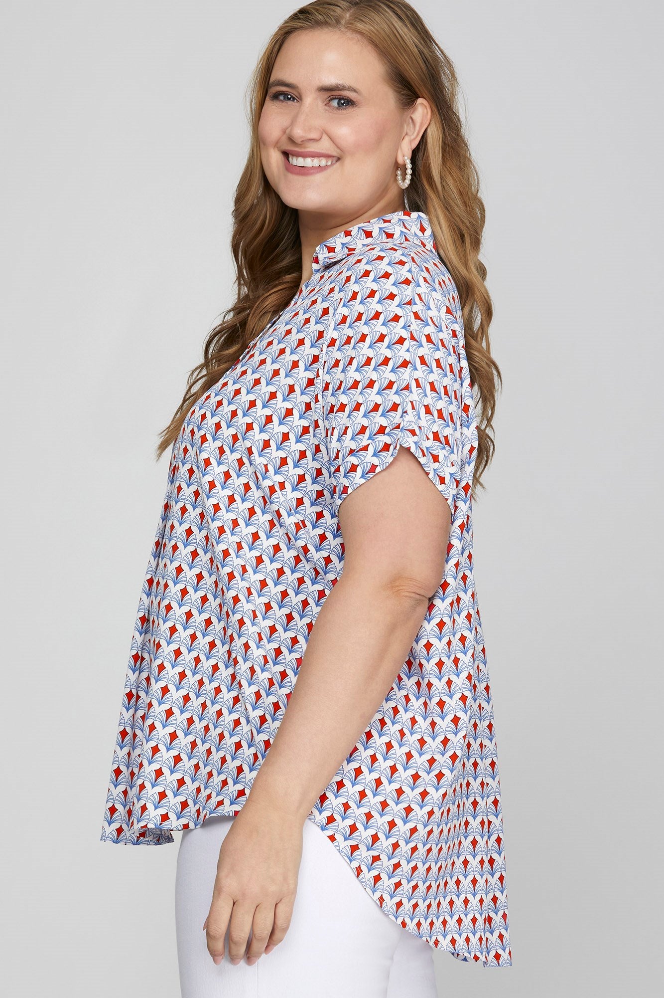 She Sky full size Printed Johnny Collar Short Sleeve Blouse, plus size.