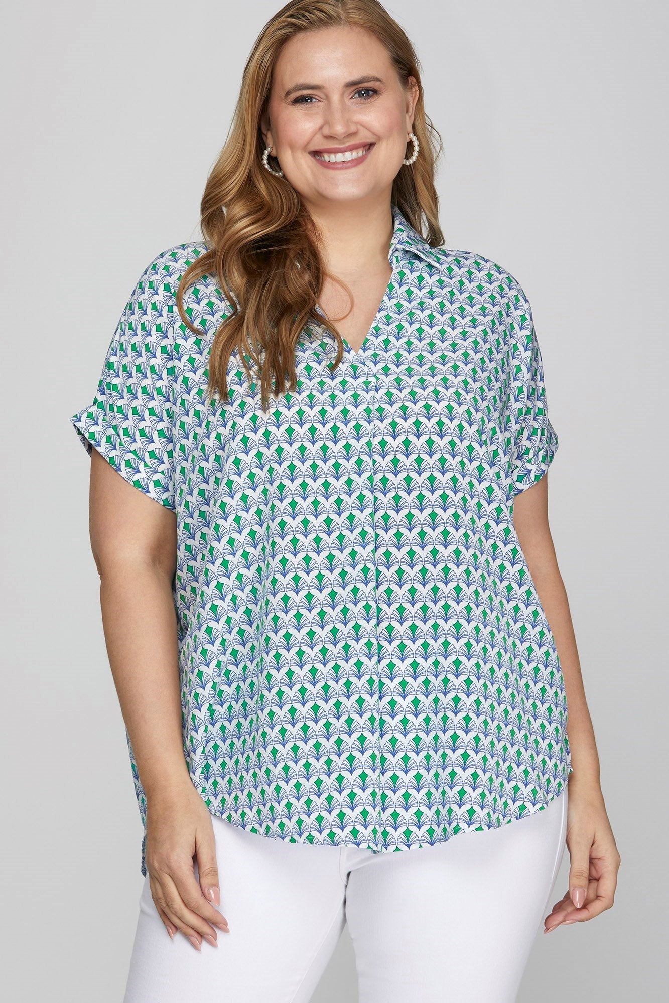 She Sky full size Printed Johnny Collar Short Sleeve Blouse, plus size.