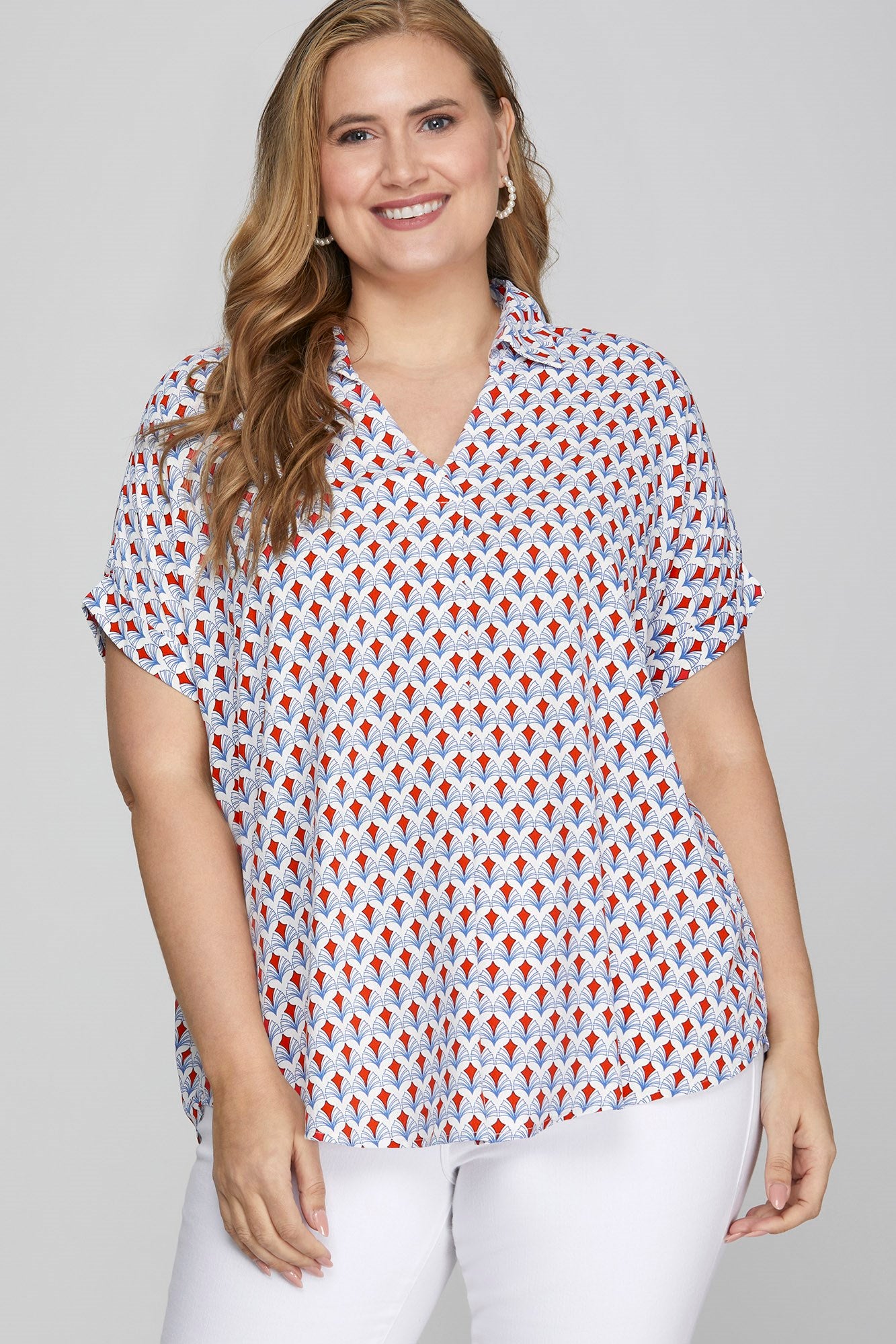 She Sky full size Printed Johnny Collar Short Sleeve Blouse, plus size.