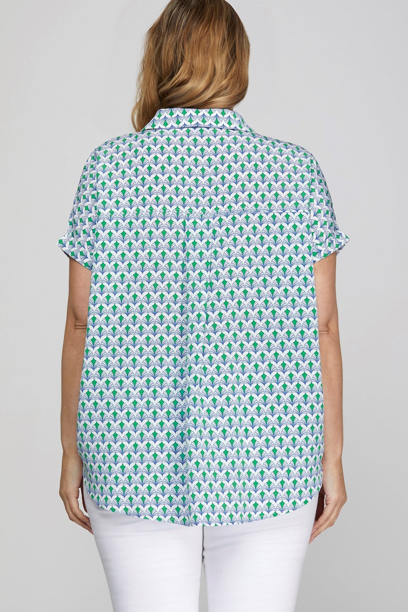She Sky full size Printed Johnny Collar Short Sleeve Blouse, plus size.