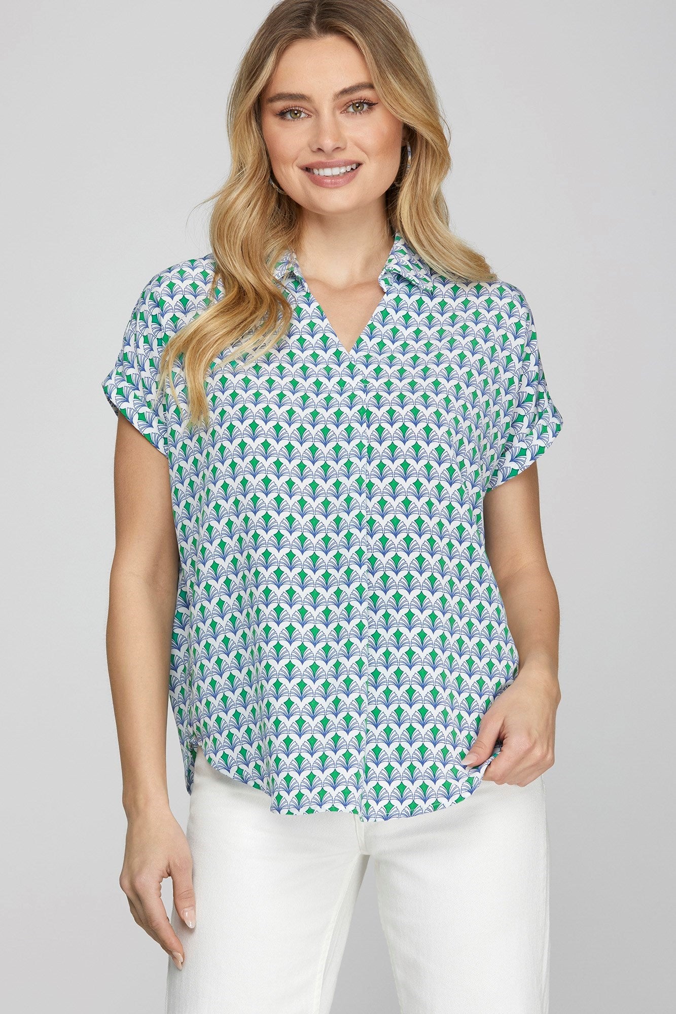 She Sky full size Printed Johnny Collar Short Sleeve Blouse, plus size.