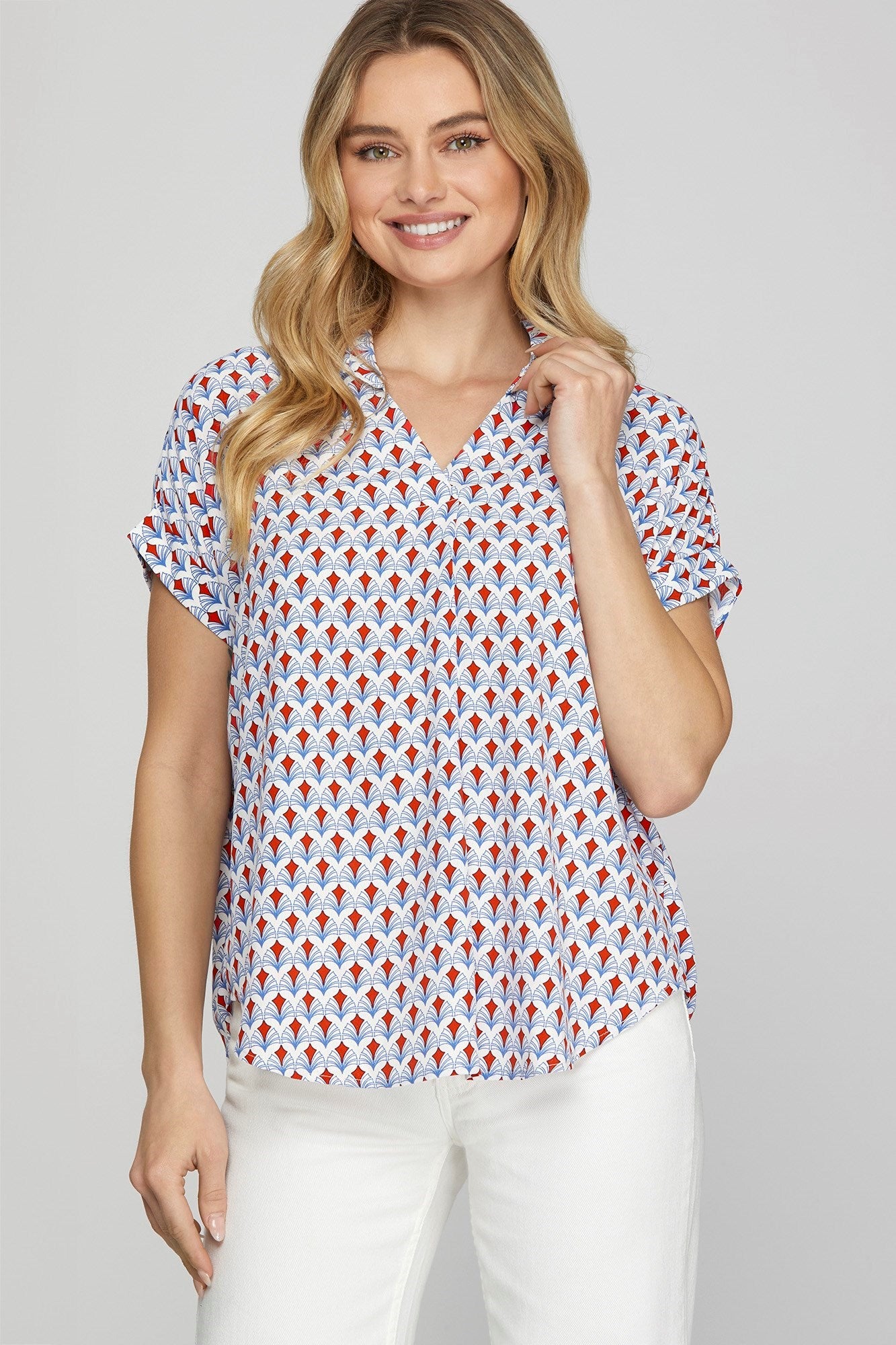 She Sky full size Printed Johnny Collar Short Sleeve Blouse, plus size.
