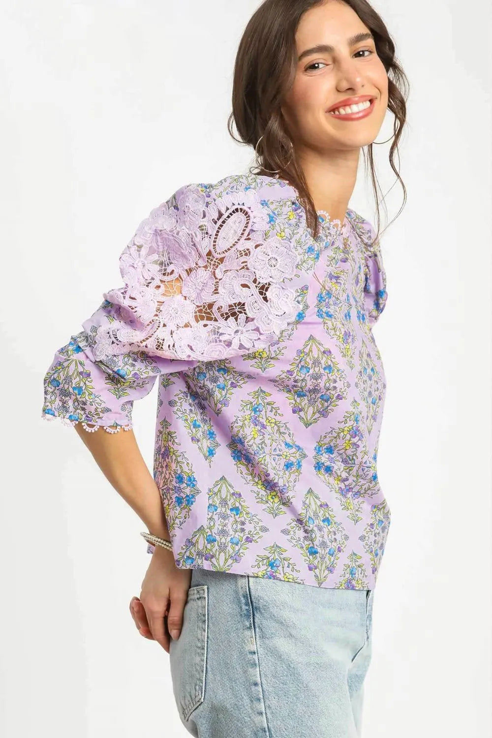 Umgee Printed Lace Puff Sleeve Blouse.