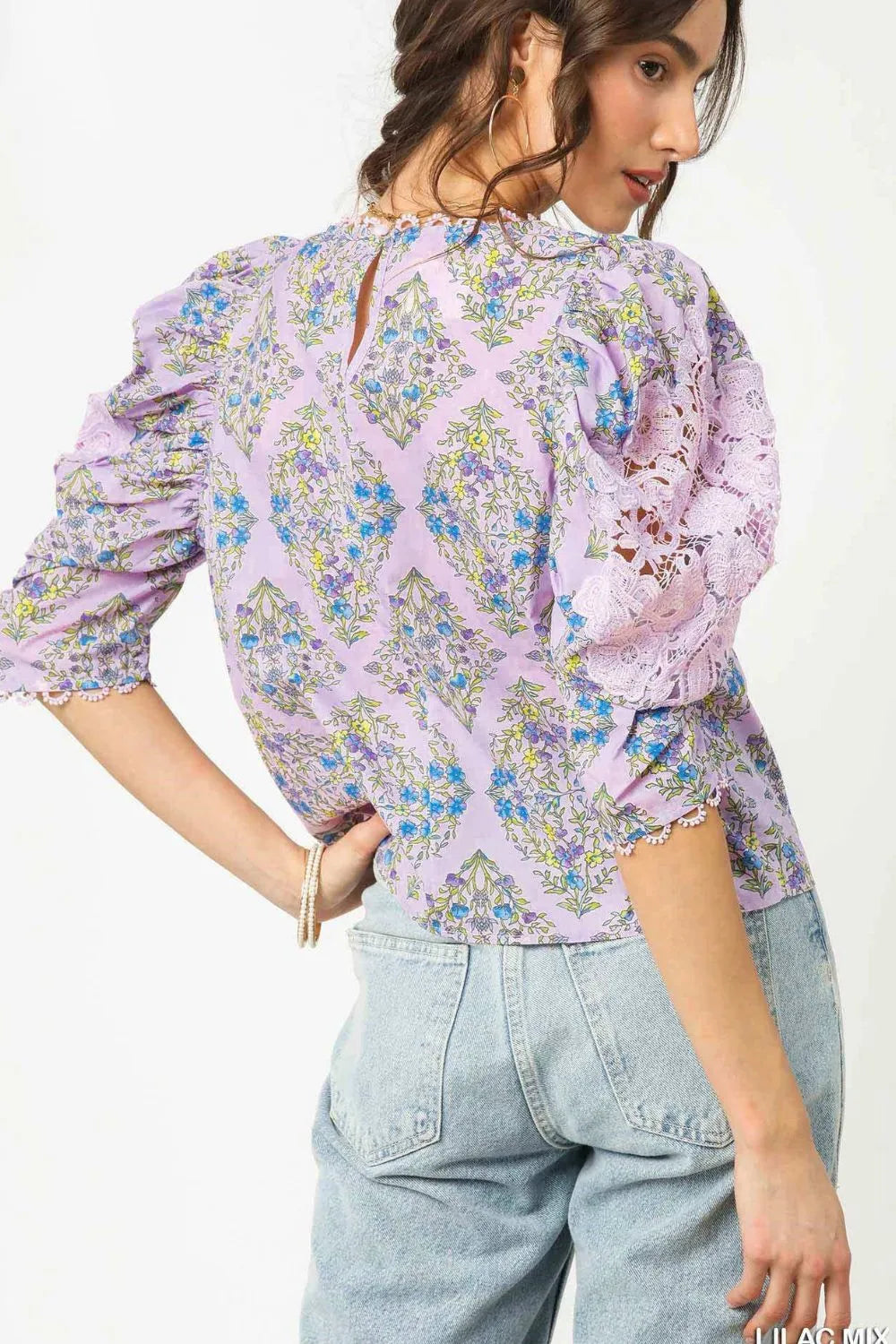 Umgee Printed Lace Puff Sleeve Blouse.