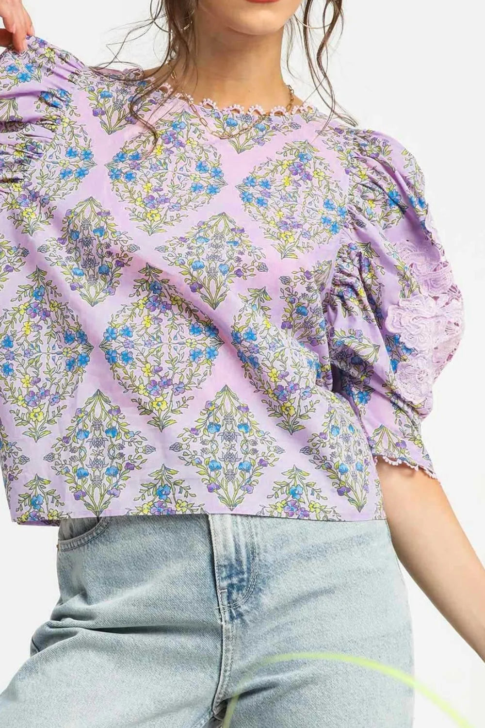 Umgee Printed Lace Puff Sleeve Blouse.
