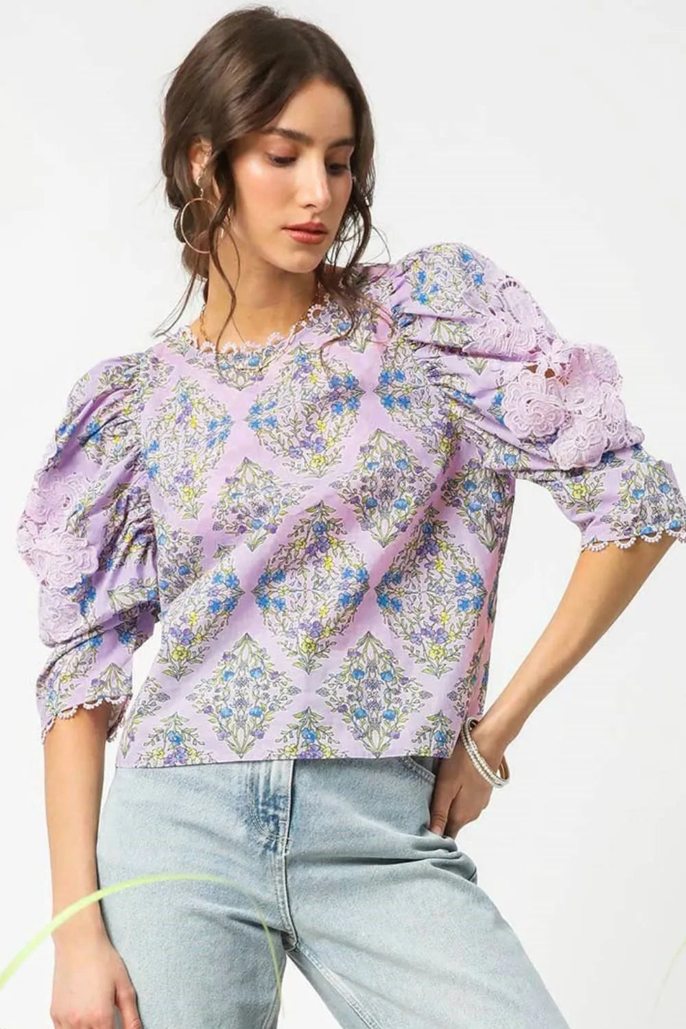 Umgee Printed Lace Puff Sleeve Blouse.