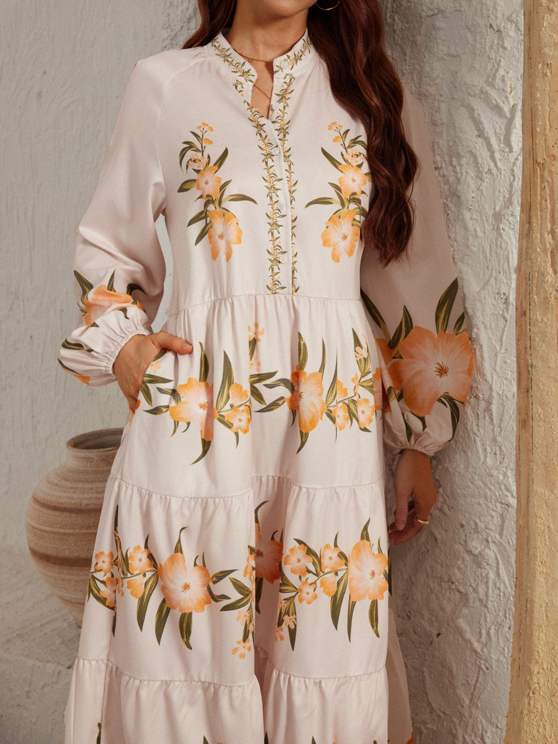 Printed Long Sleeve Midi Dress.