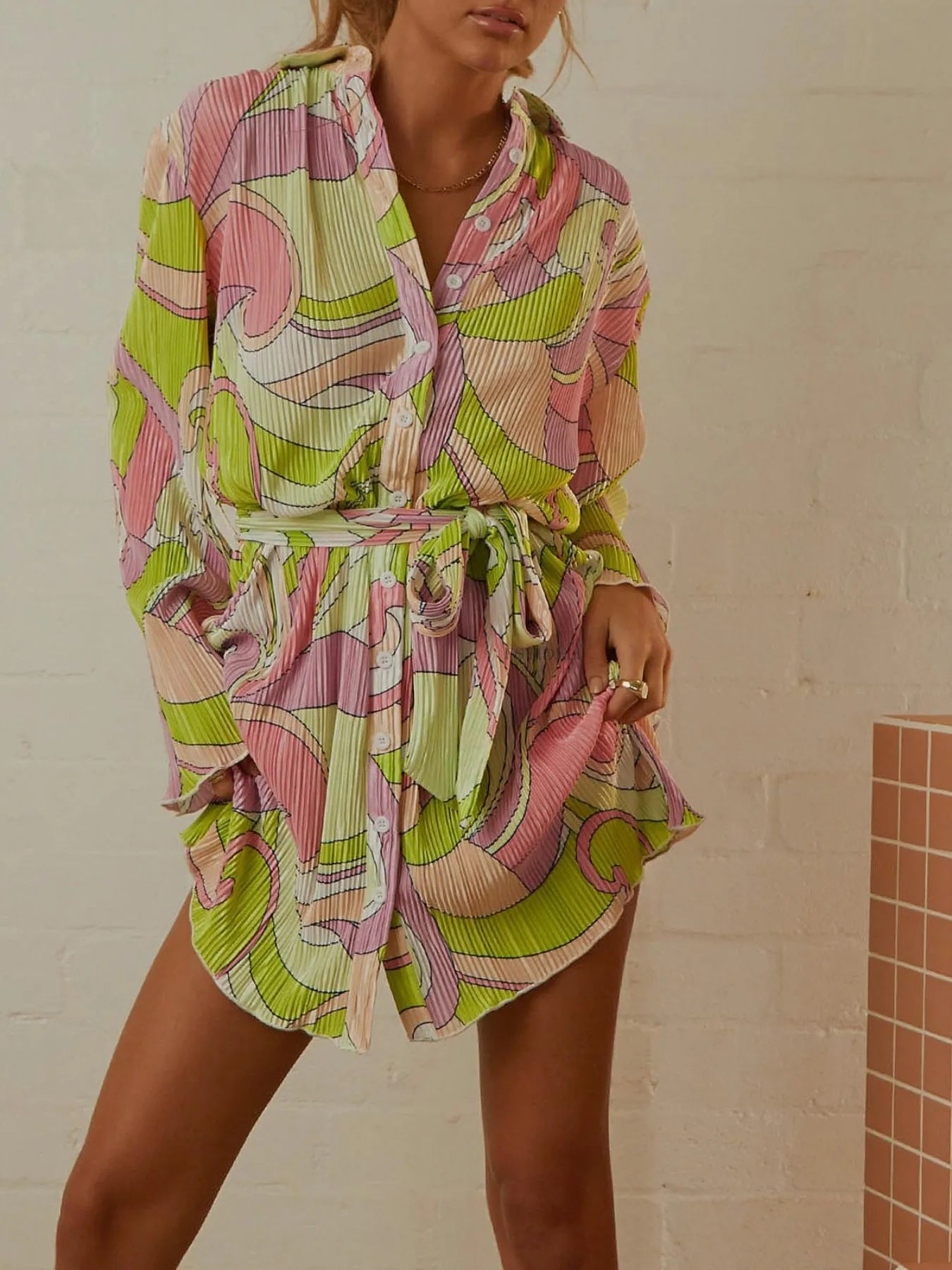 Printed Long Sleeve Mini Dress.