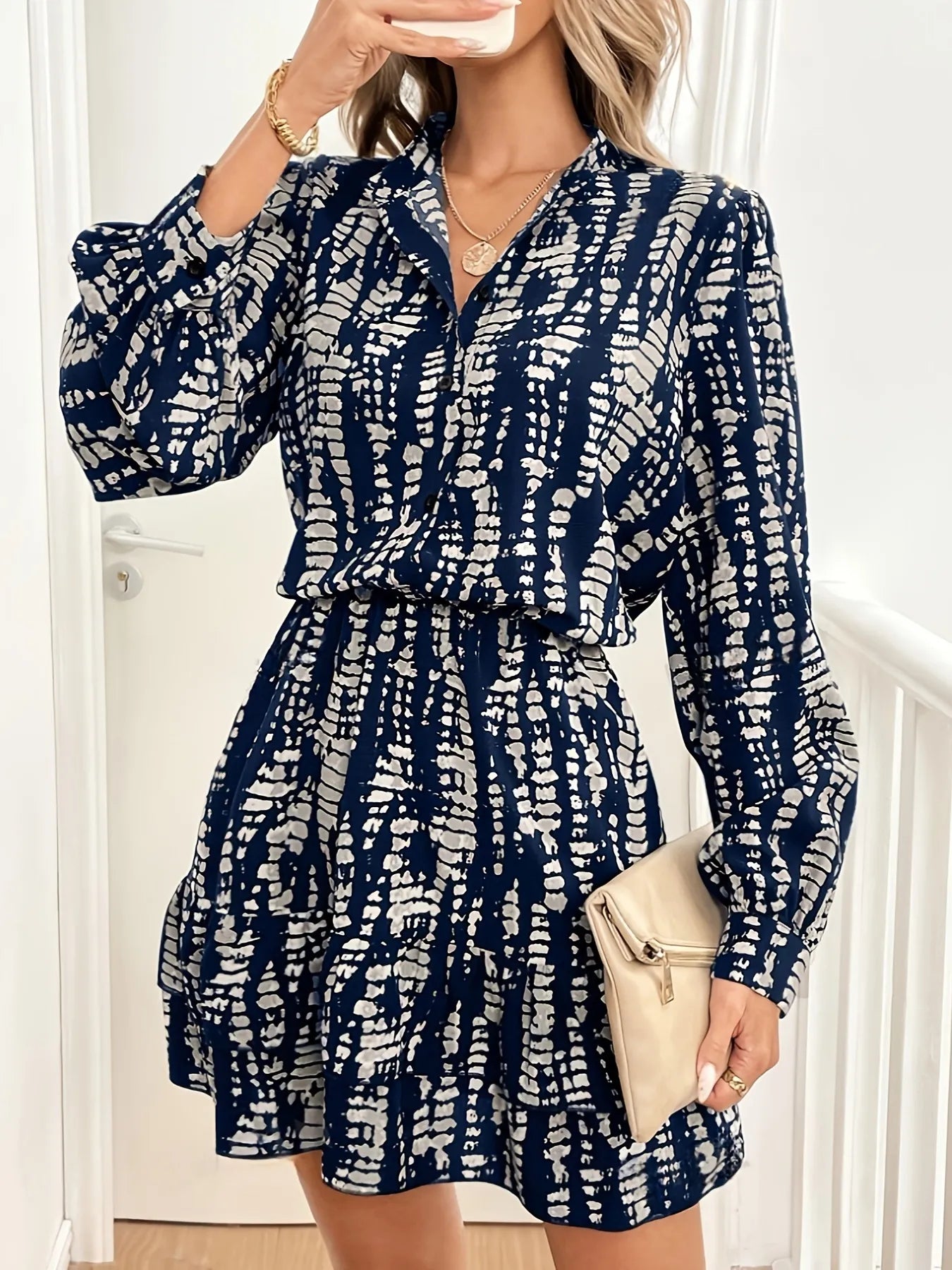 Printed Long Sleeve Shirt Dress.
