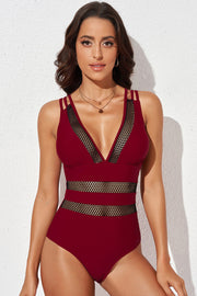Printed Mesh Plunge One-Piece Swimsuit with Crisscross.