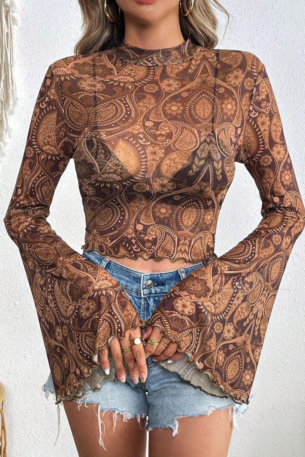 Printed Mock Neck Flare Sleeve Top.