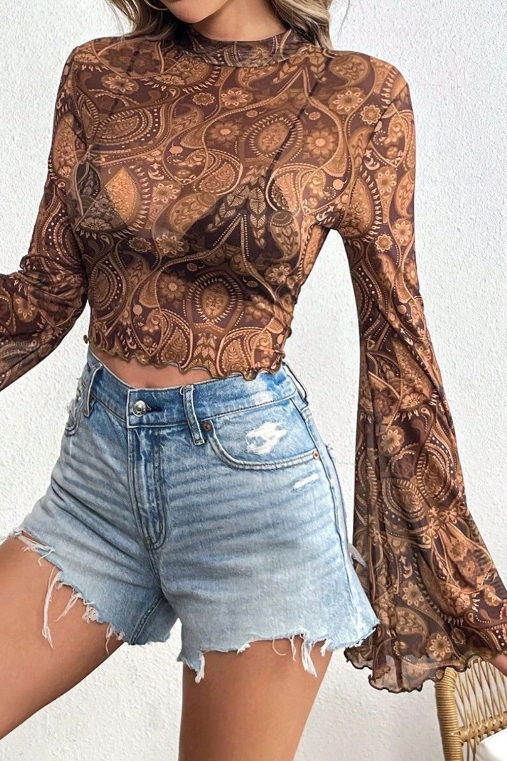 Printed Mock Neck Flare Sleeve Top.