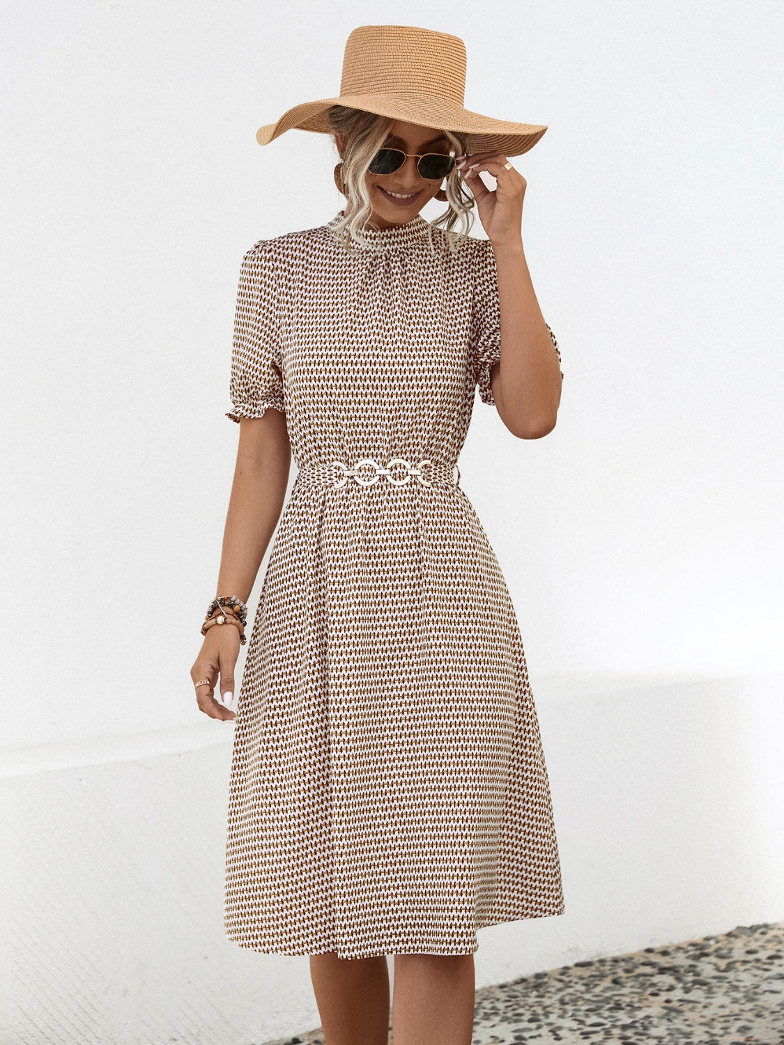 Printed Mock Neck Flounce Sleeve Dress.