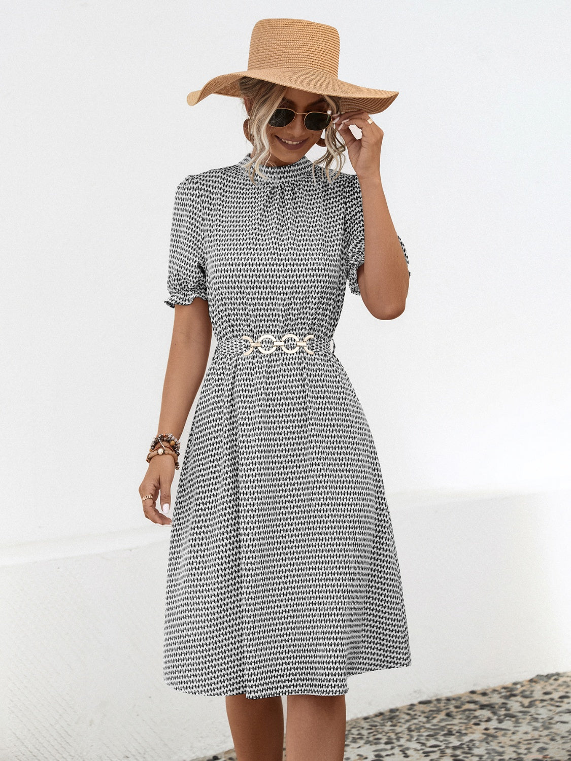 Printed Mock Neck Flounce Sleeve Dress.