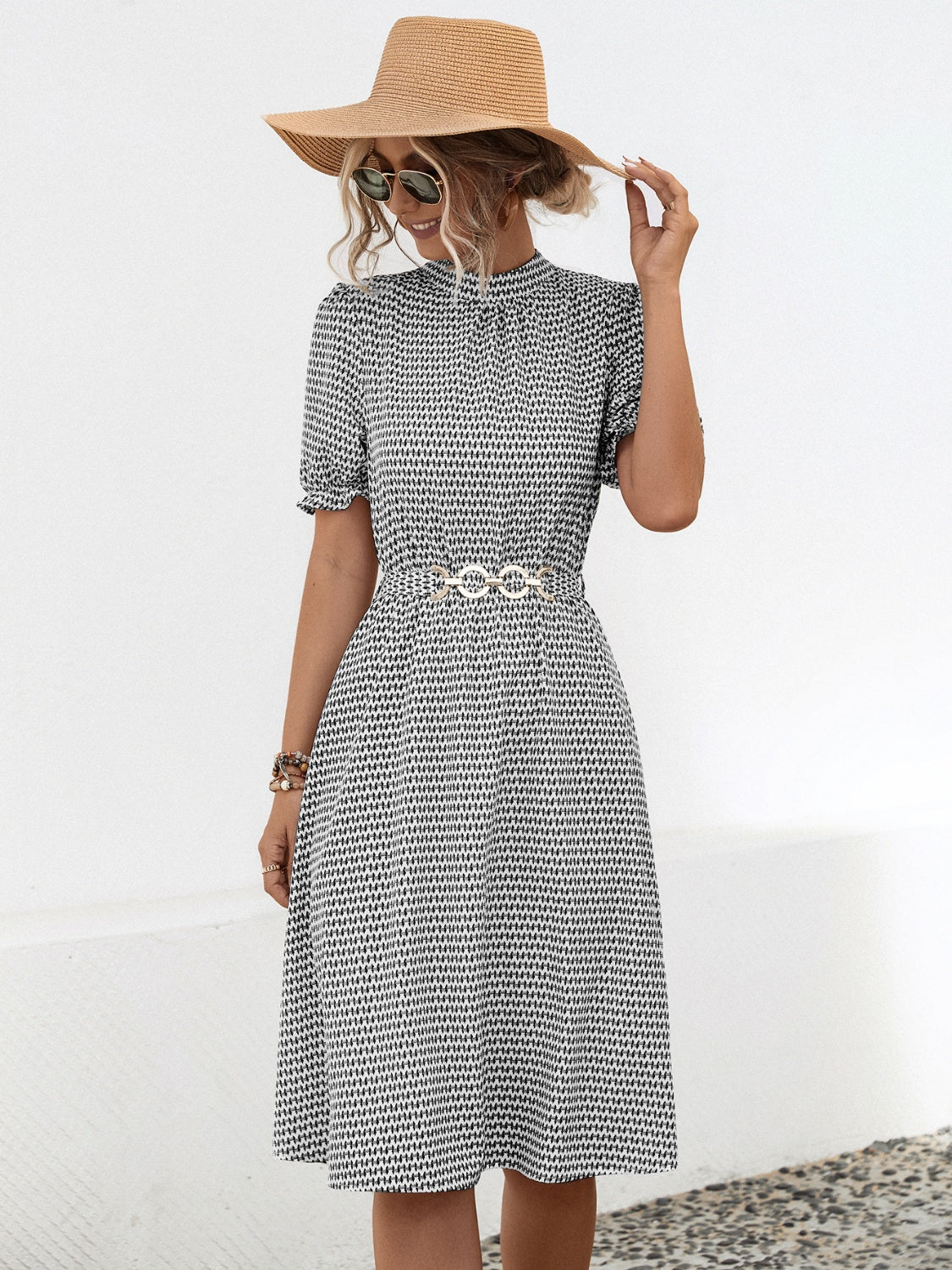 Printed Mock Neck Flounce Sleeve Dress.