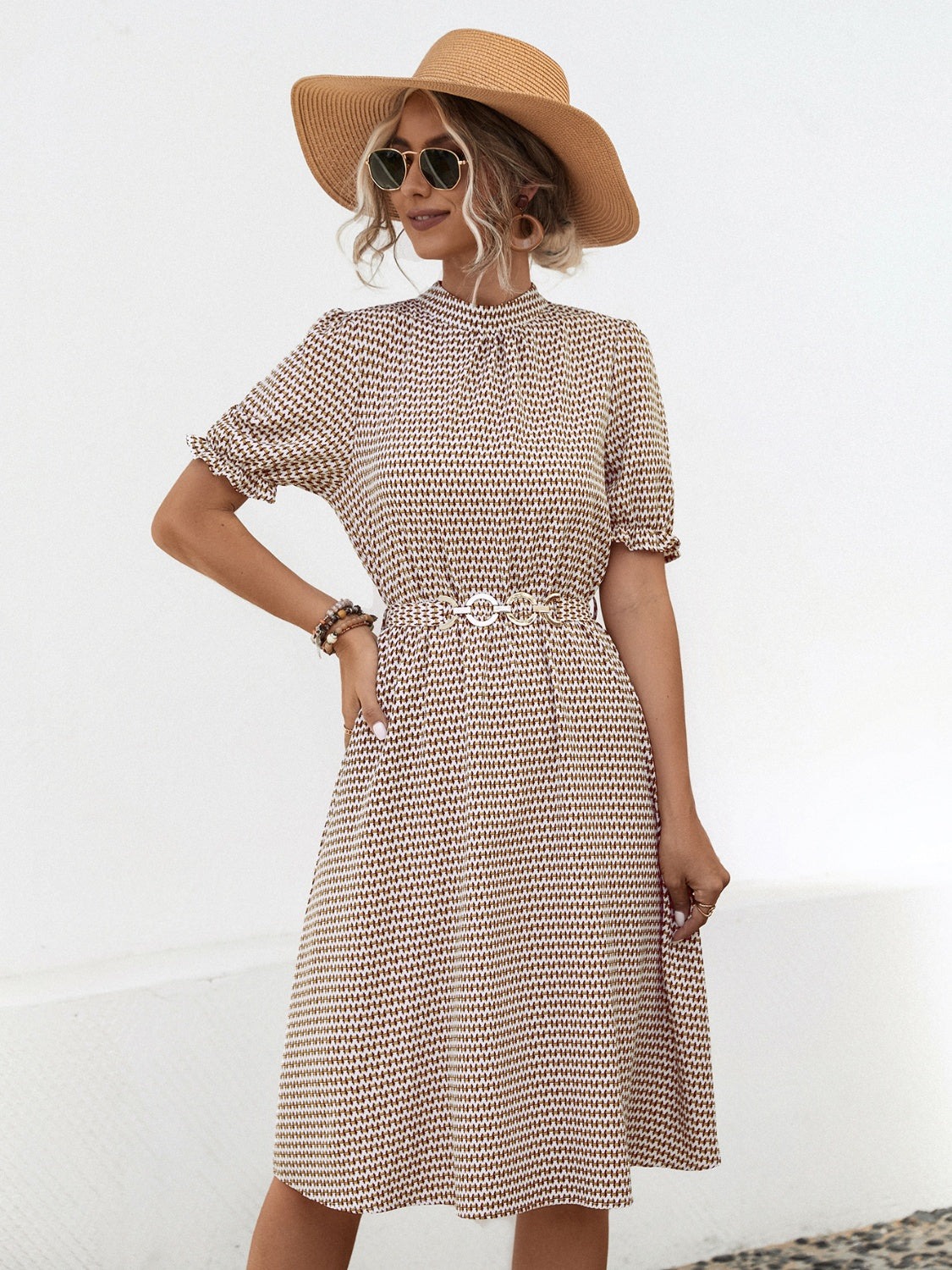 Printed Mock Neck Flounce Sleeve Dress.