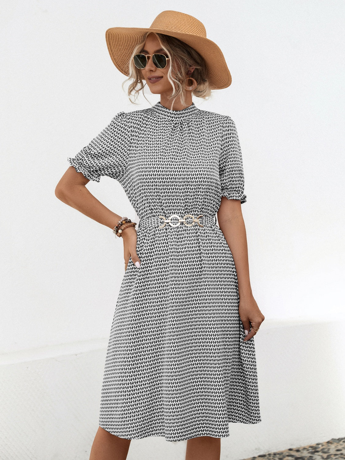 Printed Mock Neck Flounce Sleeve Dress.