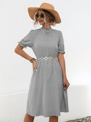 Printed Mock Neck Flounce Sleeve Dress.