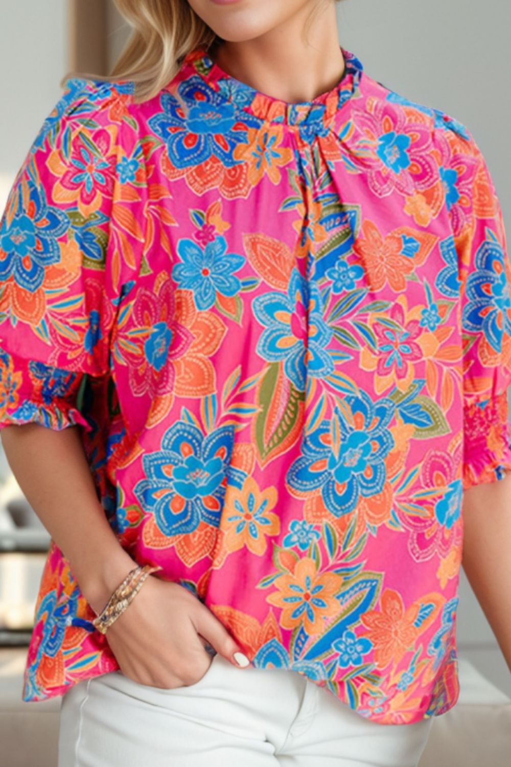 Printed Mock Neck Half Sleeve Blouse.