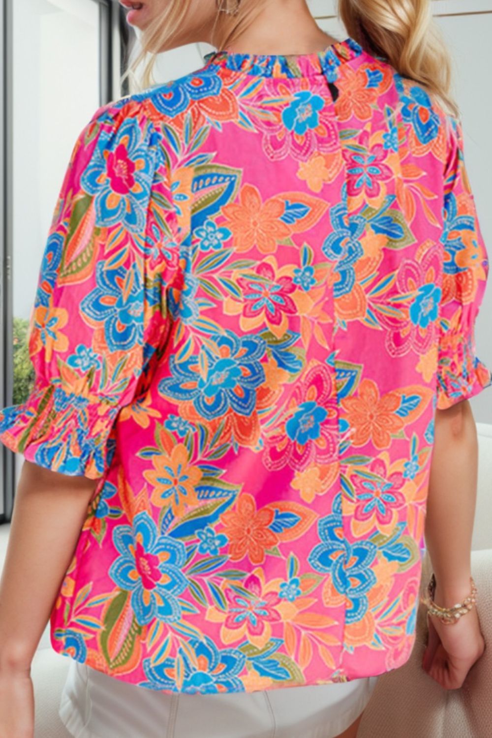 Printed Mock Neck Half Sleeve Blouse.