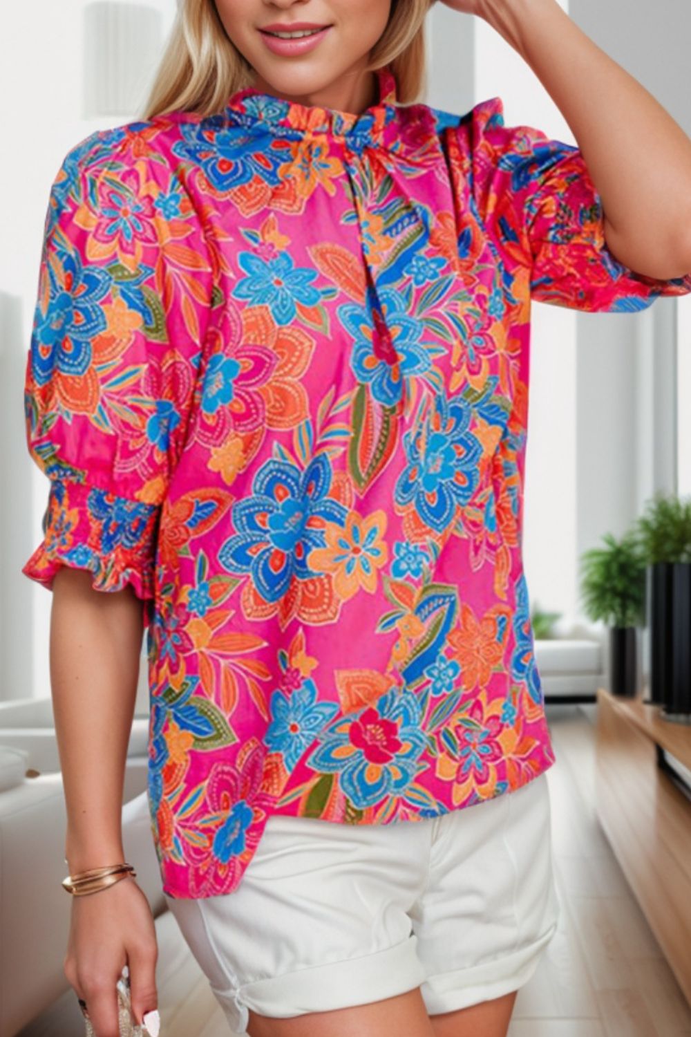 Printed Mock Neck Half Sleeve Blouse.