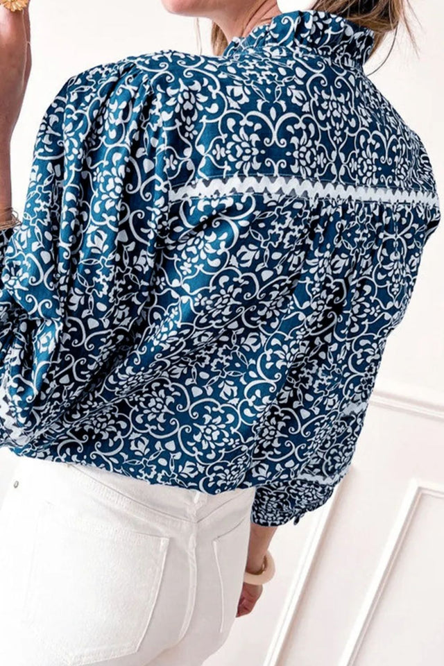 Printed Mock Neck Long Sleeve Blouse.