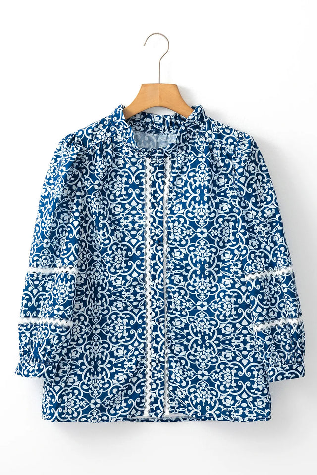 Printed Mock Neck Long Sleeve Blouse.