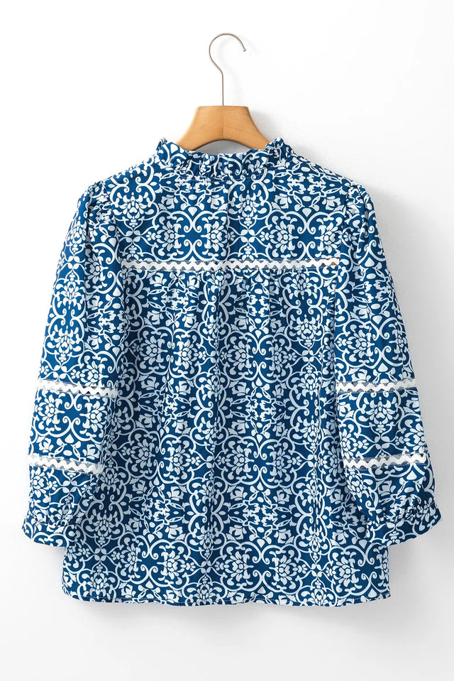 Printed Mock Neck Long Sleeve Blouse.