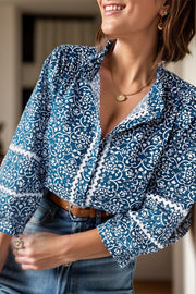 Printed Mock Neck Long Sleeve Blouse.