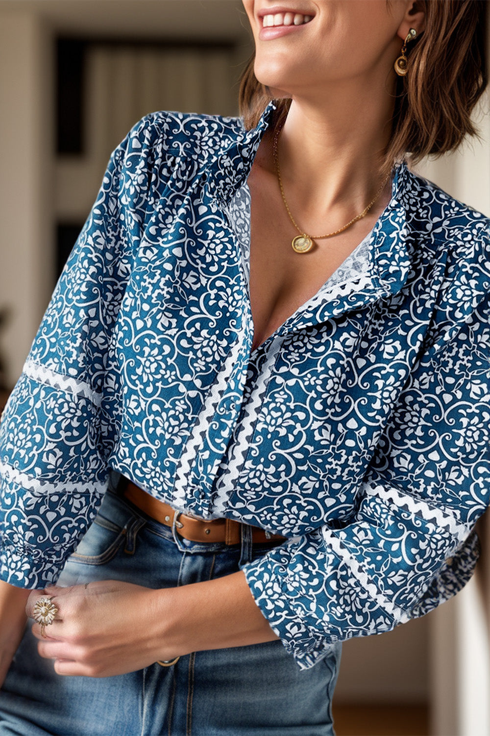 Printed Mock Neck Long Sleeve Blouse.