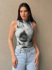 Printed mock neck ruched tank top.