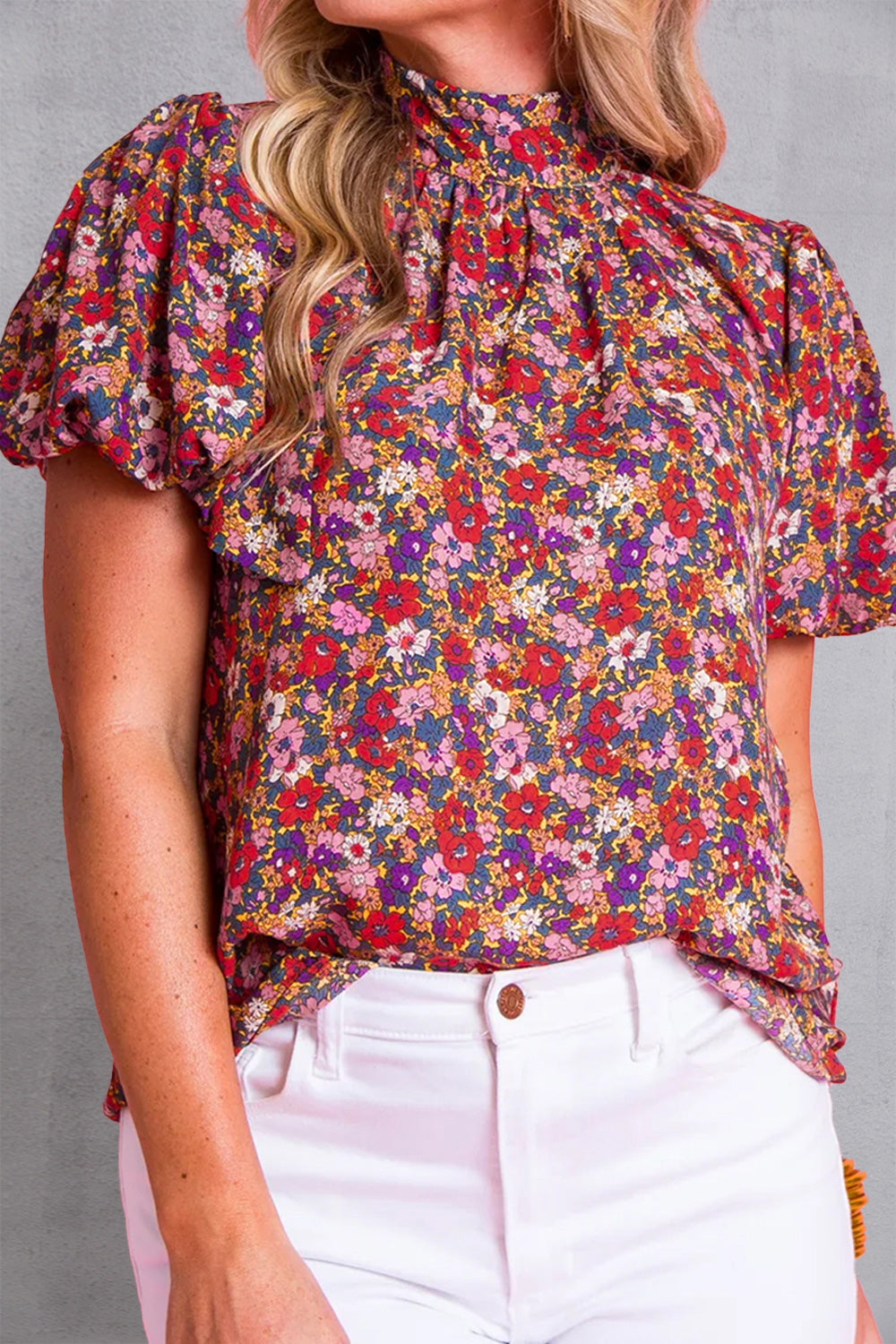 Printed Mock Neck Short Sleeve Blouse.