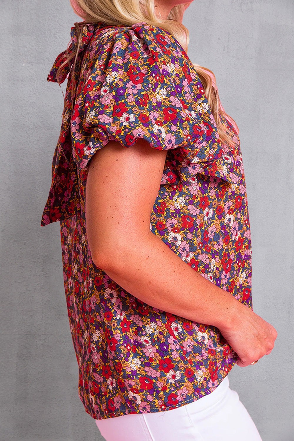 Printed Mock Neck Short Sleeve Blouse.