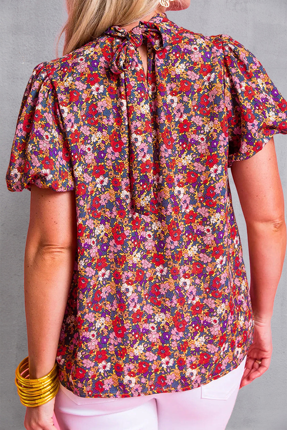Printed Mock Neck Short Sleeve Blouse.