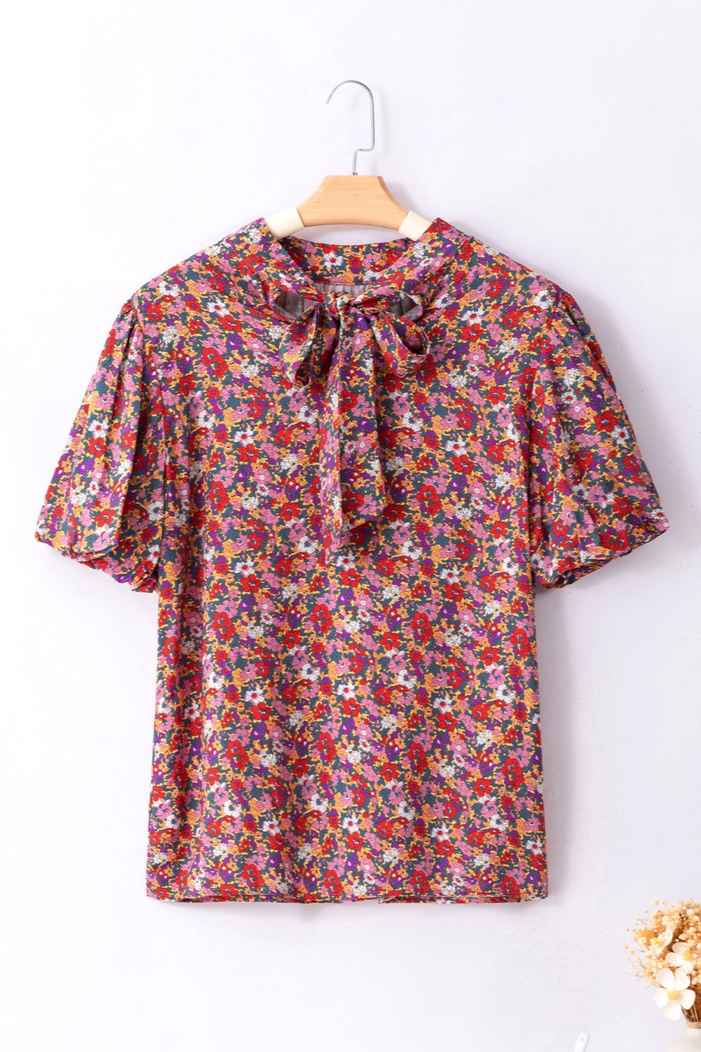 Printed Mock Neck Short Sleeve Blouse.