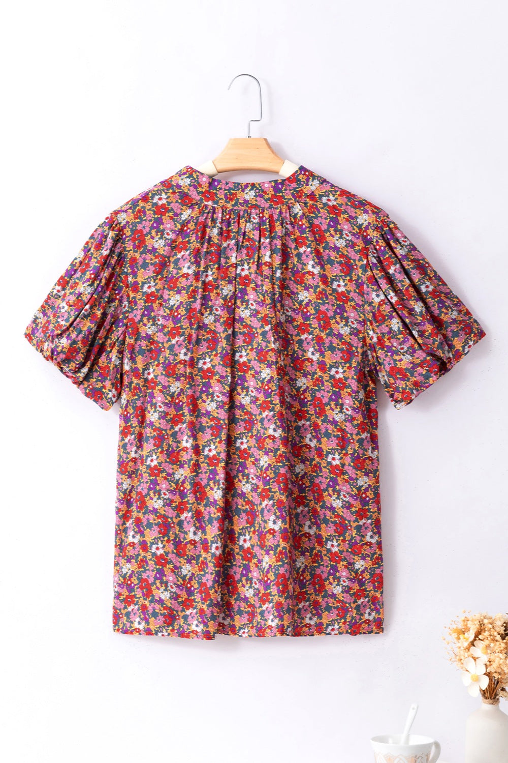 Printed Mock Neck Short Sleeve Blouse.